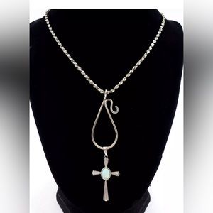 925 Silver Chain Necklace Charm Pendant W/ Cross & Oval Opal Gem